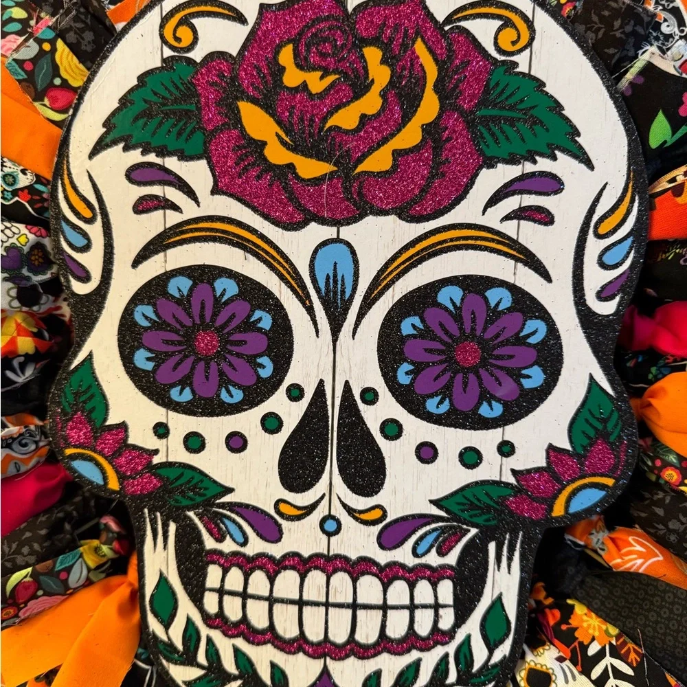 Day of the Dead Skull Halloween Rag Wreath